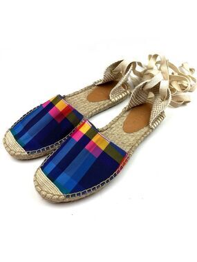 New J. Crew Navy Madras Plaid Lace Up D’Orsay Preppy Espadrille Sandals size 7.5